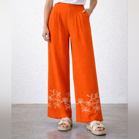 Alex Marie Pants - NWT Alex Marie Orange Comfy Wide Leg Linen Pants W/Embroidery Women Sz 14